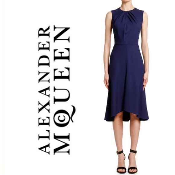 ALEXANDER McQUEEN  Midnight Blue Wool Crepe Midi A-Line Dress - Picture 1 of 5